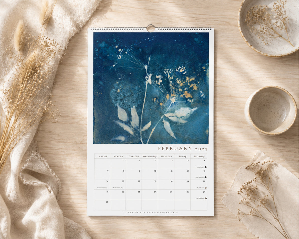 2027 Cyanotype Botanical Wall Calendar | Original Sun Printed Nature Art | 11x16.5 Hanging Calendar | Botanical Gift for Nature Lovers