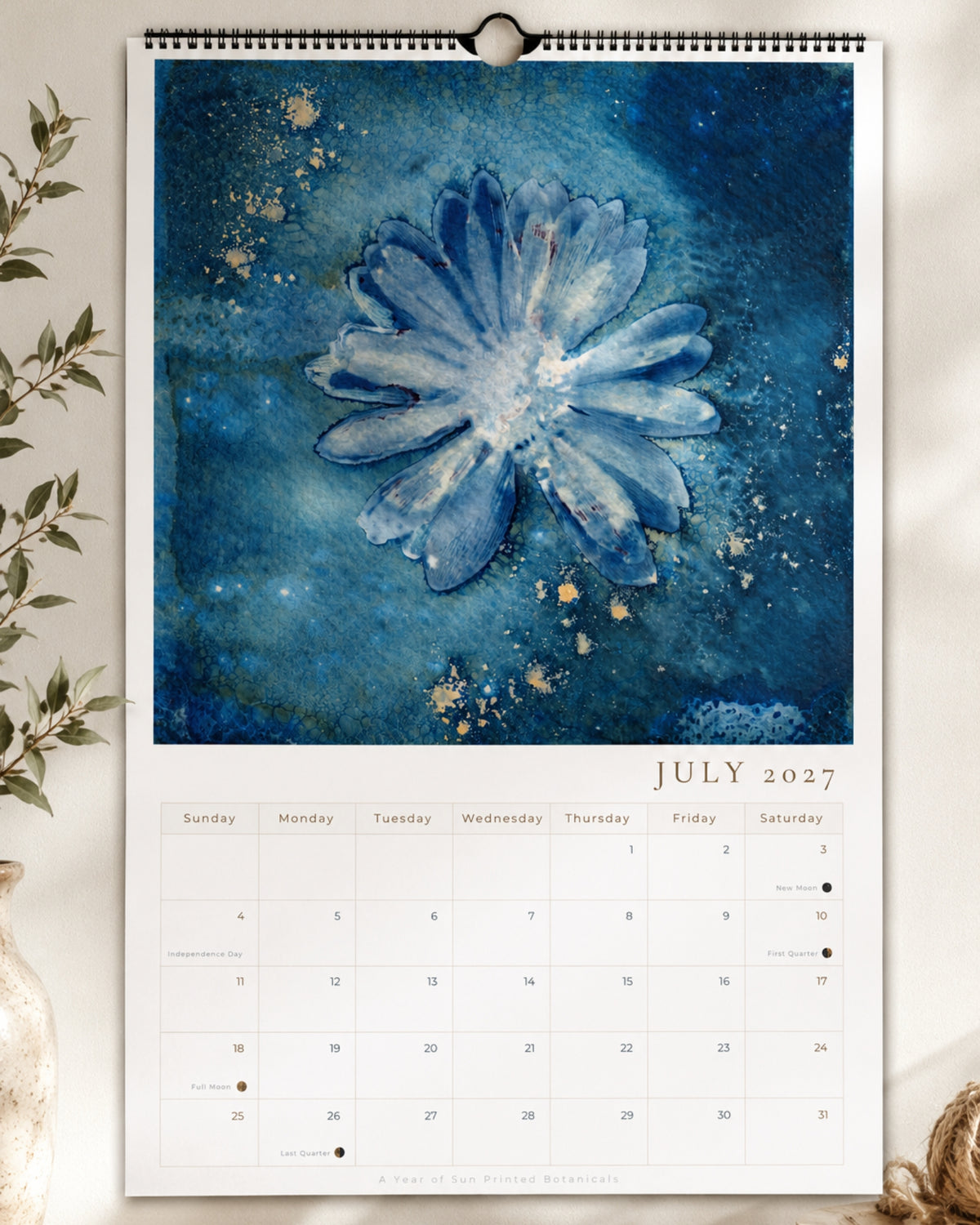 2027 Cyanotype Botanical Wall Calendar | Original Sun Printed Nature Art | 11x16.5 Hanging Calendar | Botanical Gift for Nature Lovers