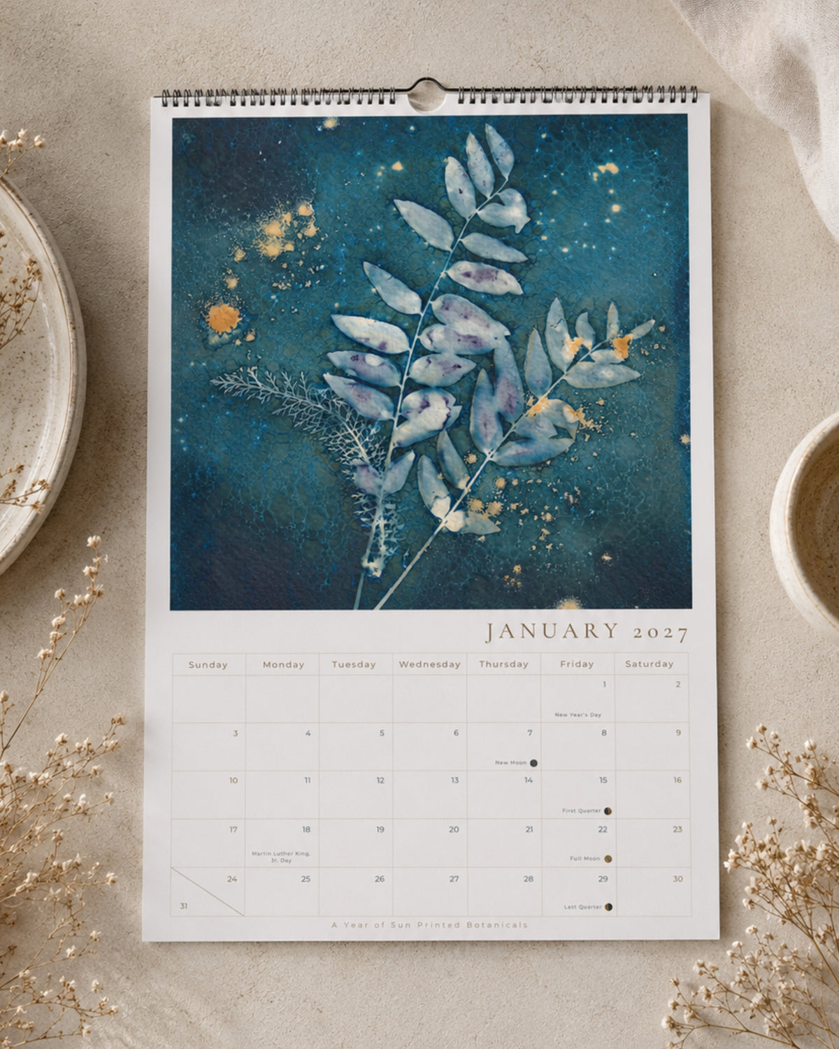 2027 Cyanotype Botanical Wall Calendar | Original Sun Printed Nature Art | 11x16.5 Hanging Calendar | Botanical Gift for Nature Lovers