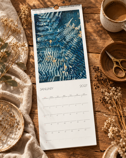2027 Skinny Cyanotype Botanical Wall Calendar | Original Sun Printed Nature Art | 5.5x16.5 Hanging Calendar | Botanical Gift for Nature Lovers