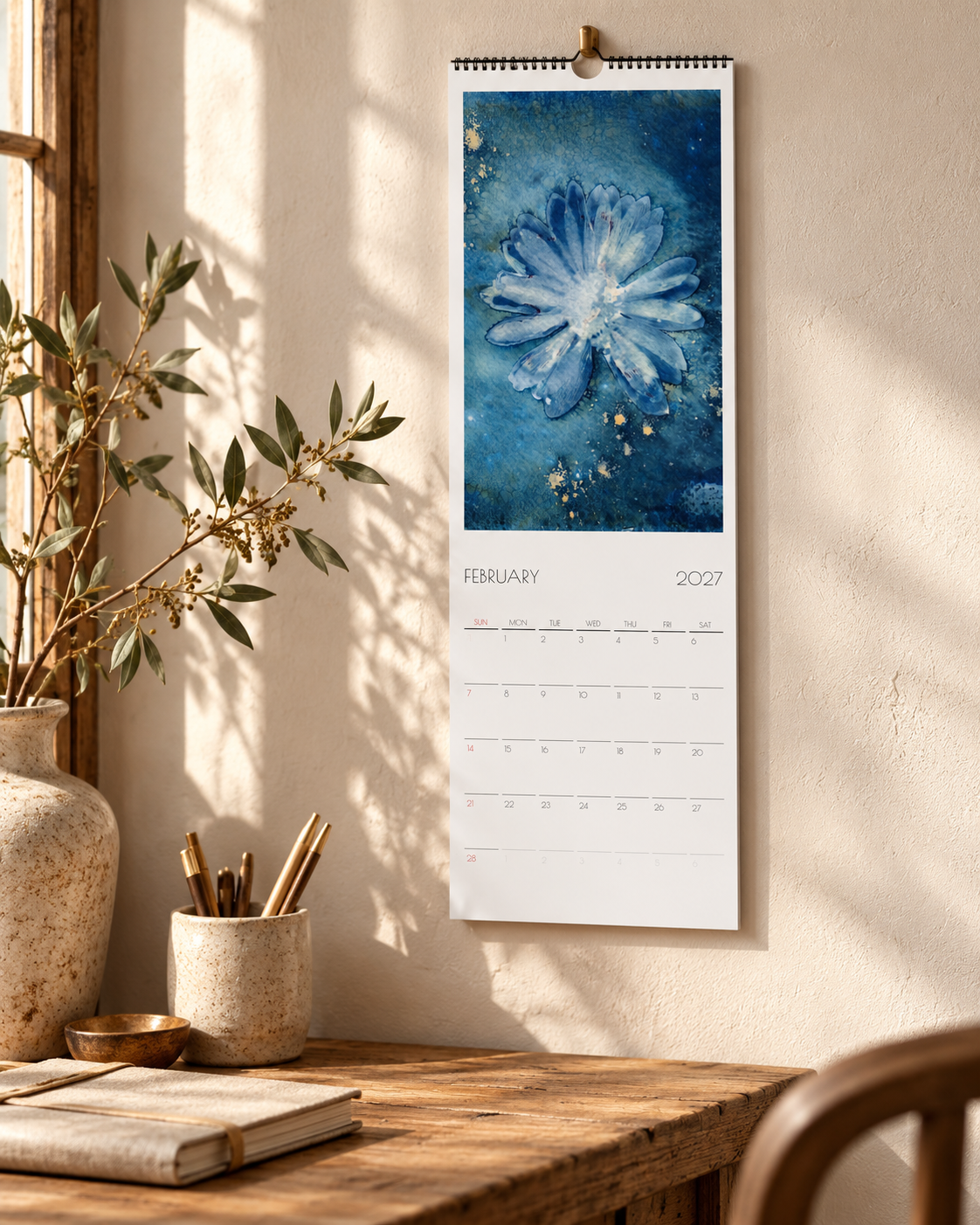 2027 Skinny Cyanotype Botanical Wall Calendar | Original Sun Printed Nature Art | 5.5x16.5 Hanging Calendar | Botanical Gift for Nature Lovers
