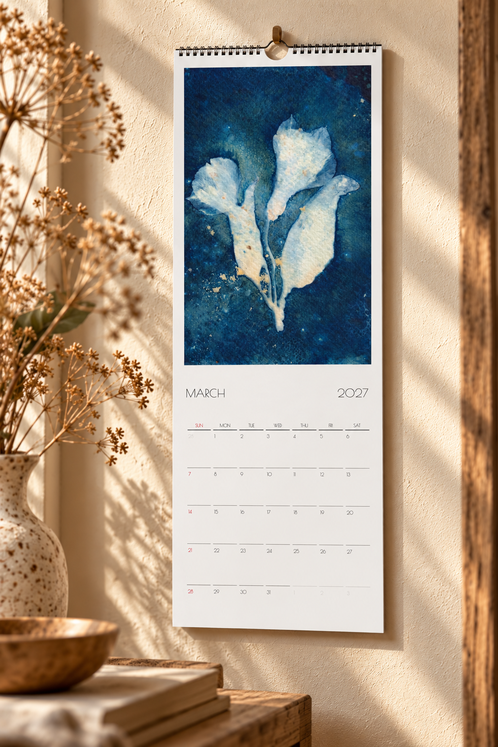 2027 Skinny Cyanotype Botanical Wall Calendar | Original Sun Printed Nature Art | 5.5x16.5 Hanging Calendar | Botanical Gift for Nature Lovers