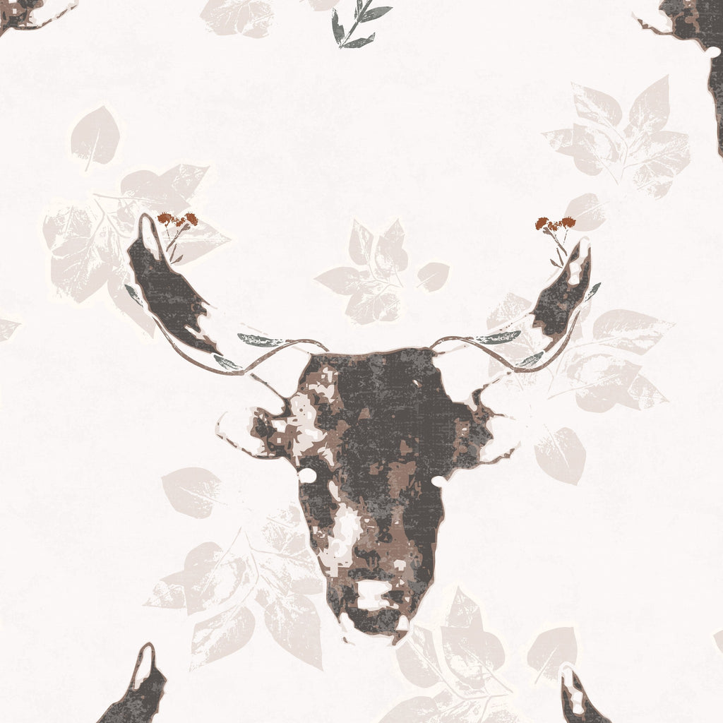 Abstract bull and foliage pattern in earthy brown and cream tones.