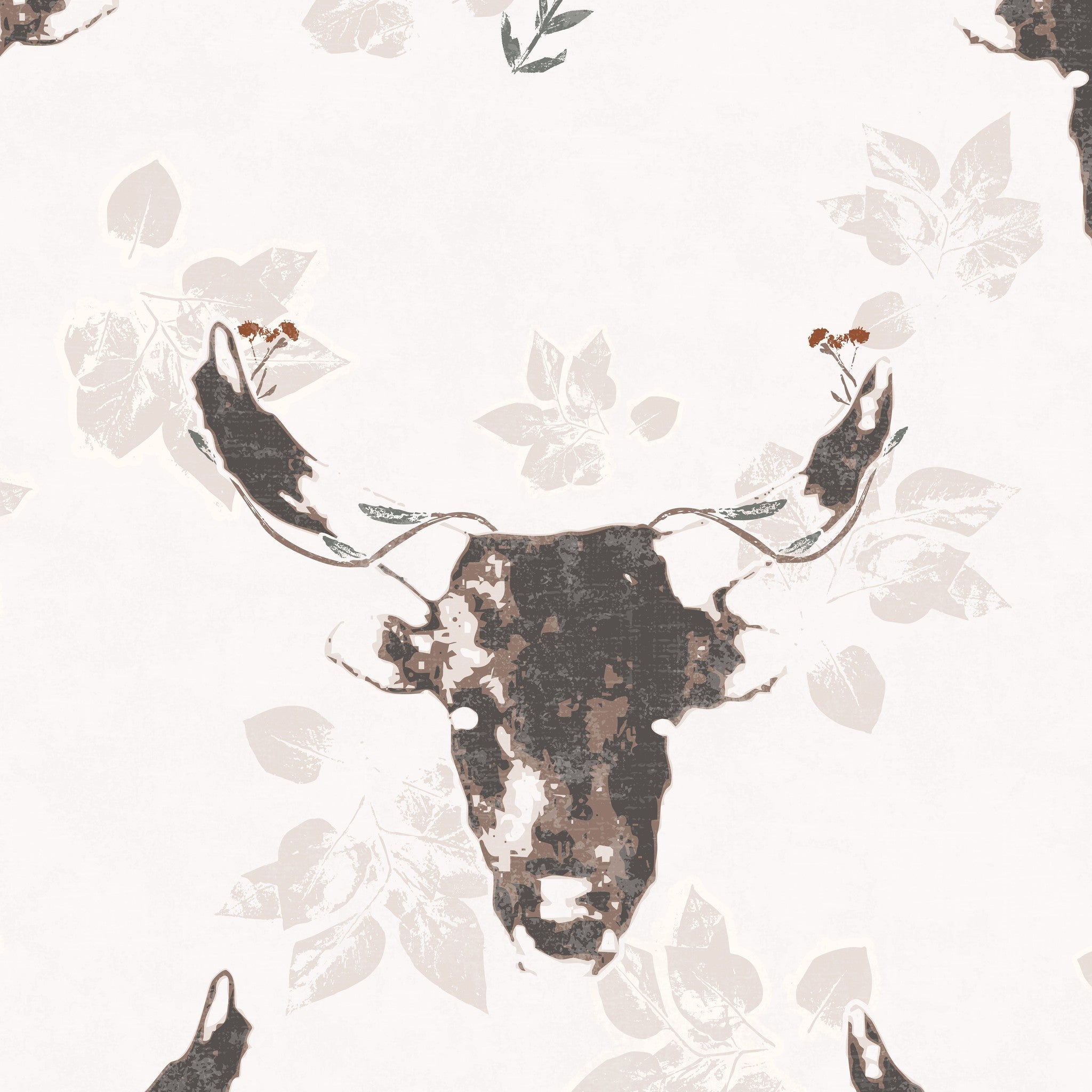Abstract bull and foliage pattern in earthy brown and cream tones.