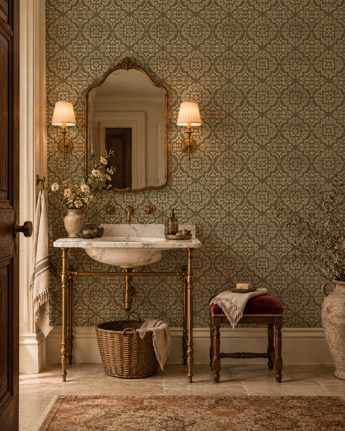 Antique damask moss wallpaper in elegant bathroom with vintage decor.