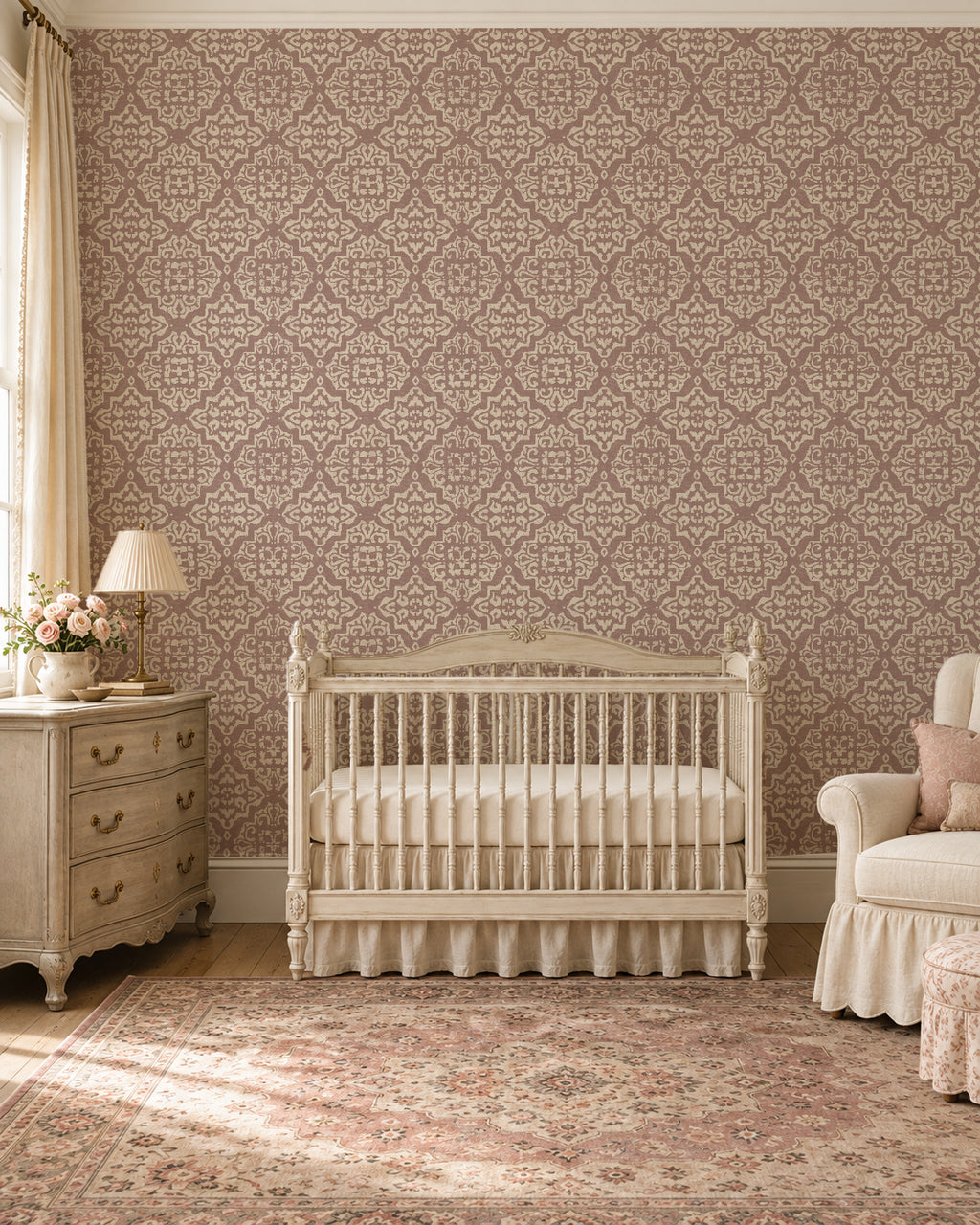 Antique damask rosewood wallpaper in elegant nursery with crib and dresser.