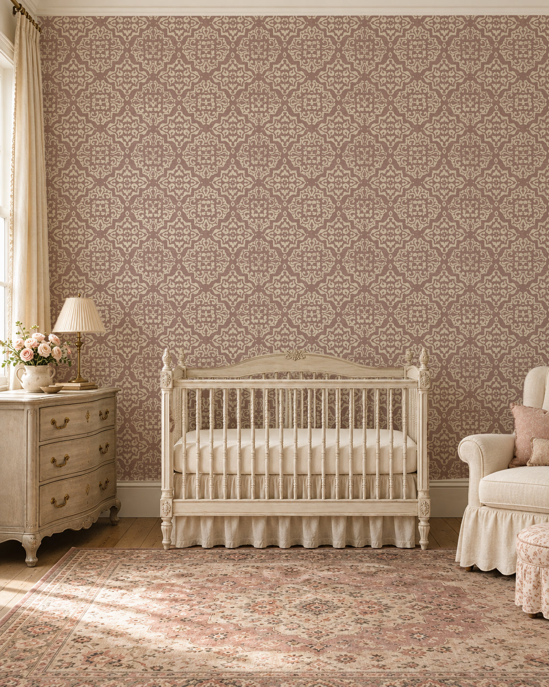 Antique damask rosewood wallpaper in elegant nursery with crib and dresser.