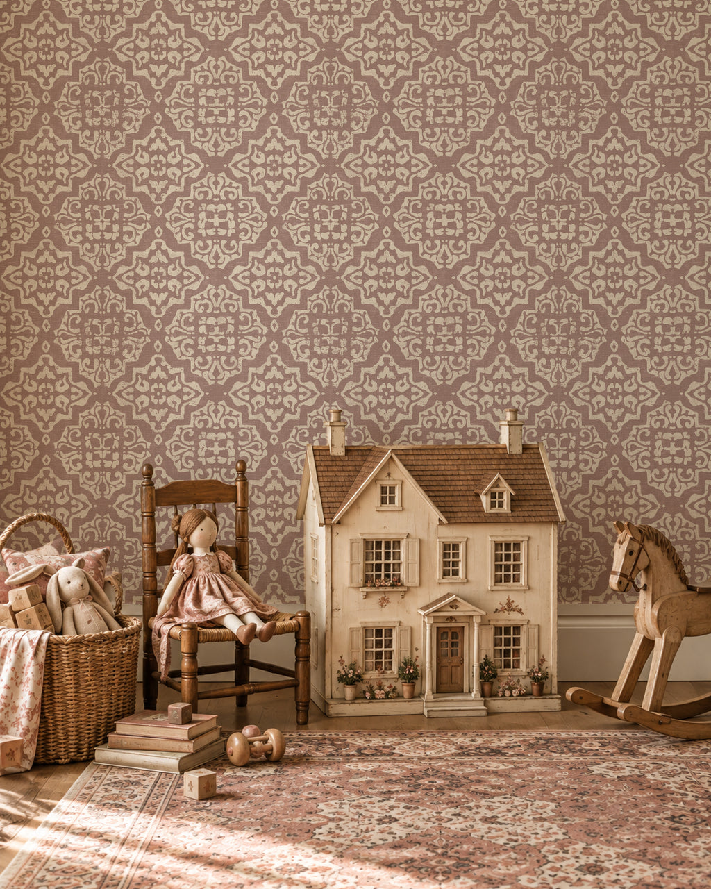 Antique damask rosewood wallpaper in vintage children's room with toys.