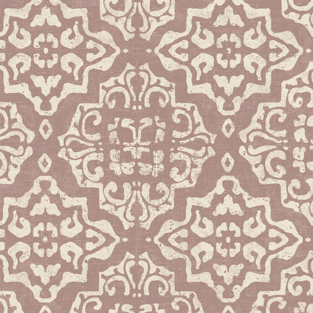 Antique damask wallpaper with cream motifs on rosewood background.