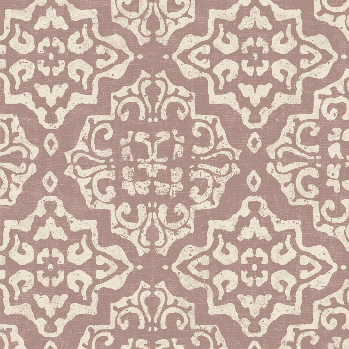 Antique damask wallpaper with cream motifs on rosewood background.