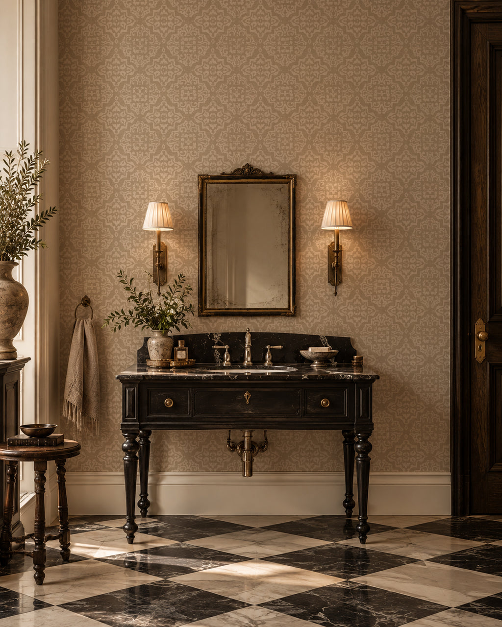 Antique damask wallpaper in taupe and cream in elegant bathroom setting.