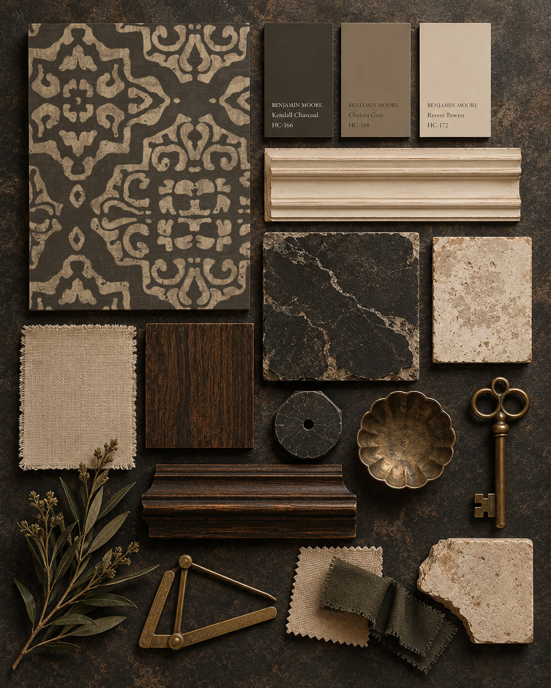 Antique ornamental damask charcoal wallpaper with decor samples.