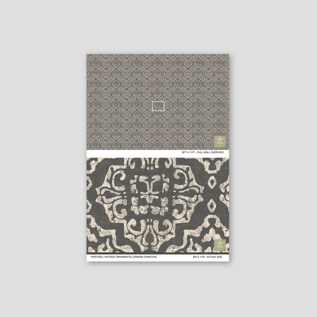 Antique ornamental damask charcoal wallpaper with intricate motifs and bold geometry.