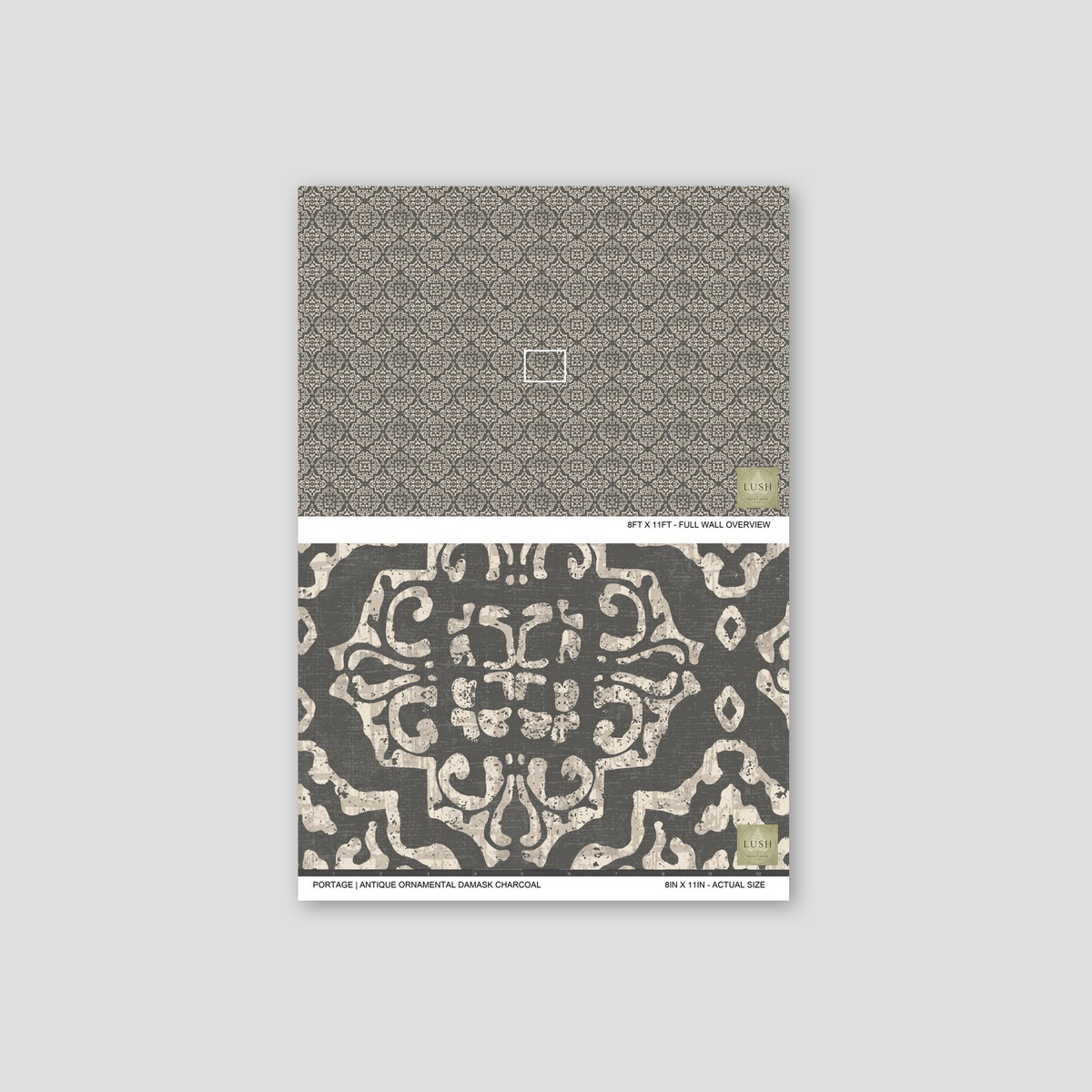 Antique ornamental damask charcoal wallpaper with intricate motifs and bold geometry.