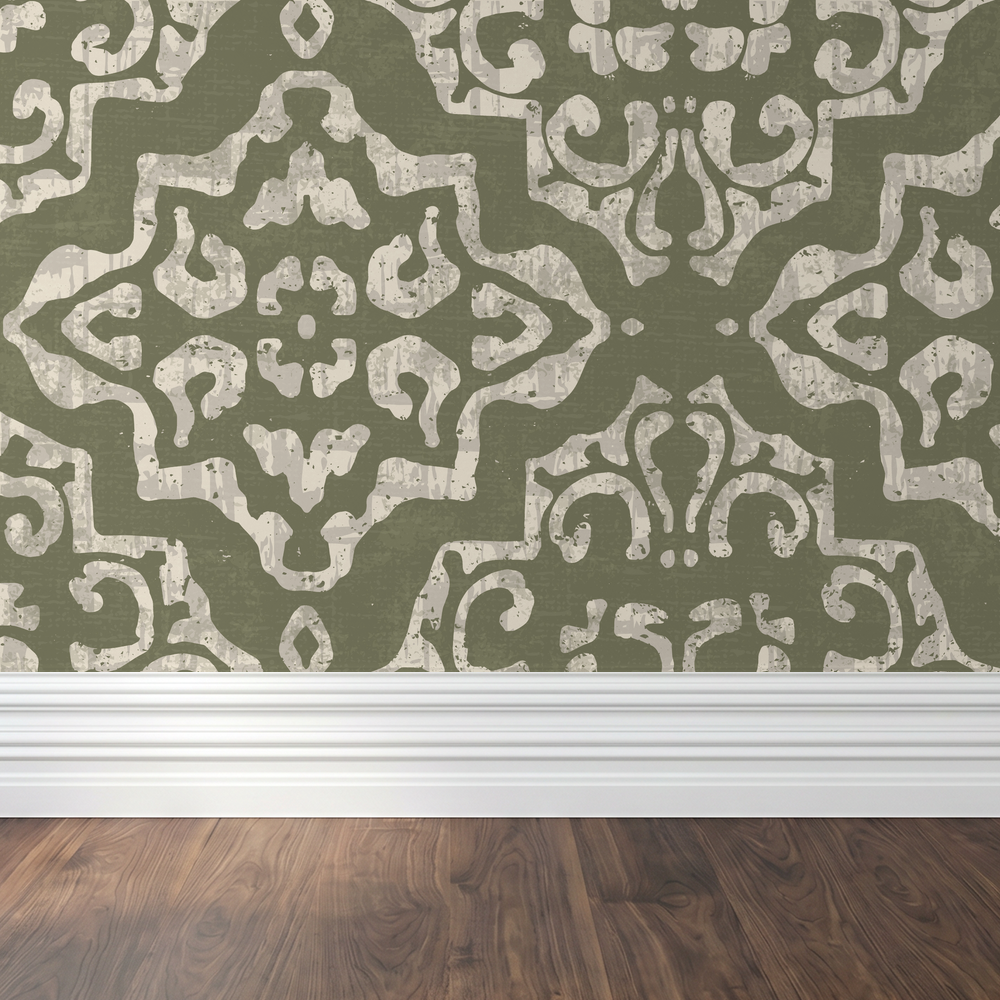 Antique ornamental damask wallpaper in moss and cream with intricate patterns.