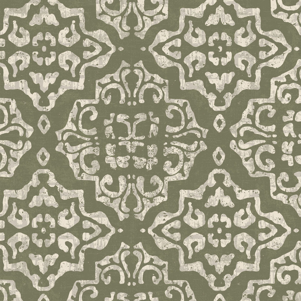 Antique ornamental damask wallpaper in moss green and cream pattern