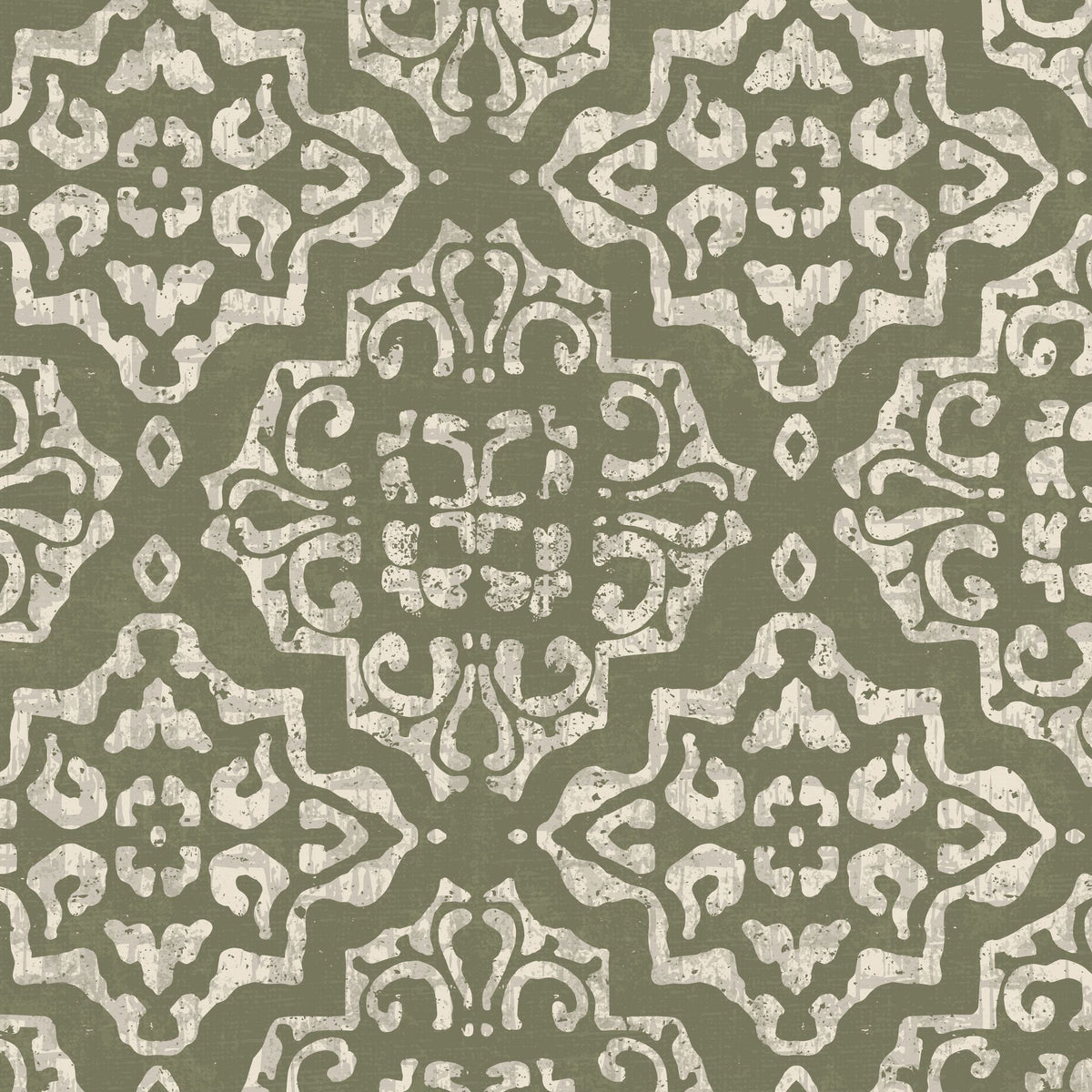 Antique ornamental damask wallpaper in moss green and cream pattern