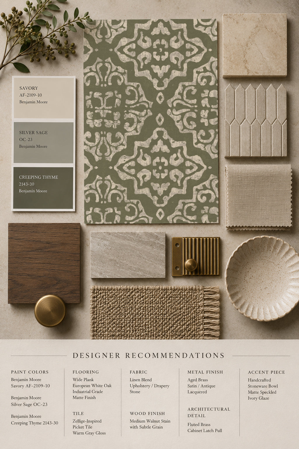 Antique ornamental damask wallpaper in moss green with design elements.
