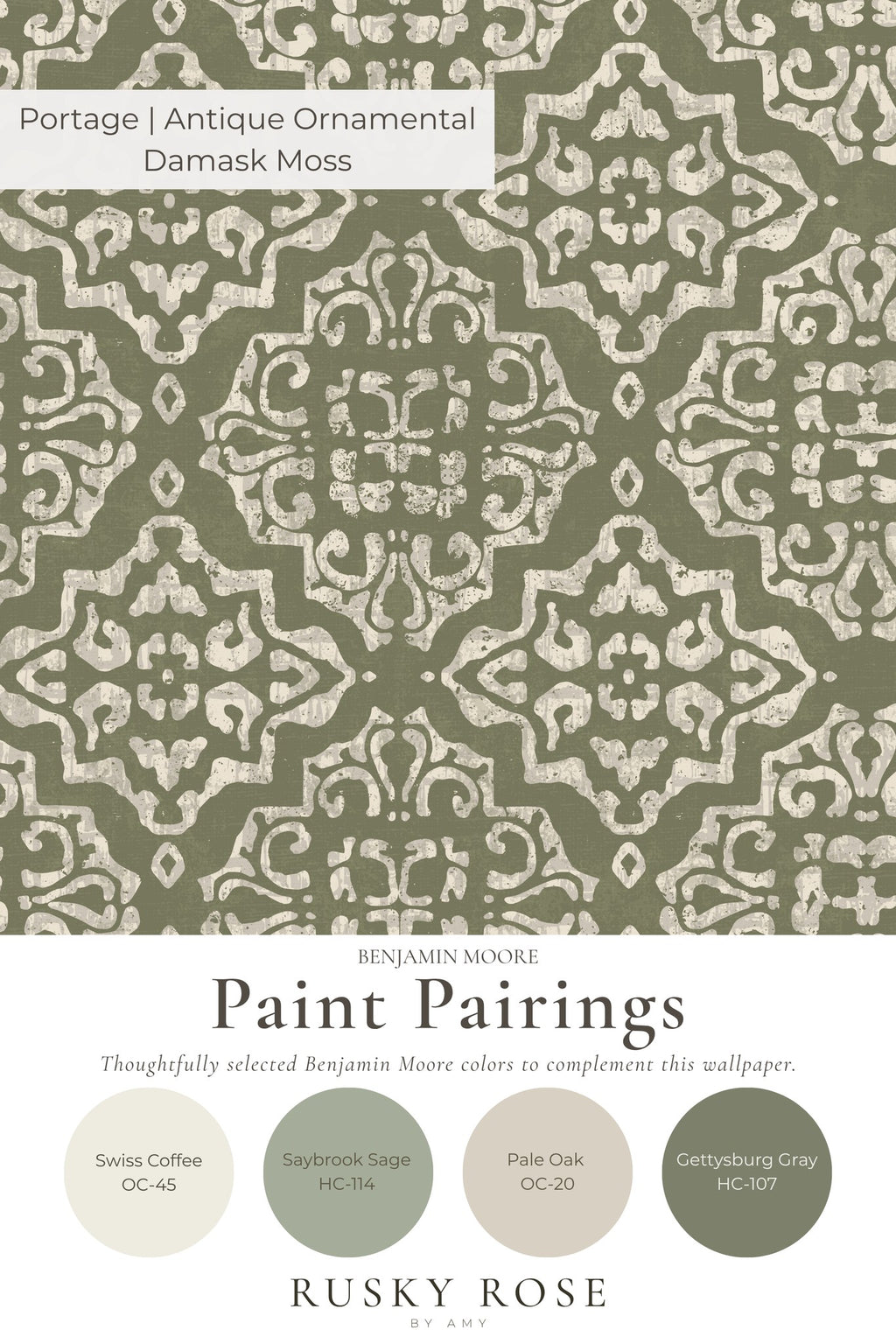 Antique ornamental damask moss wallpaper with intricate sage and cream pattern.