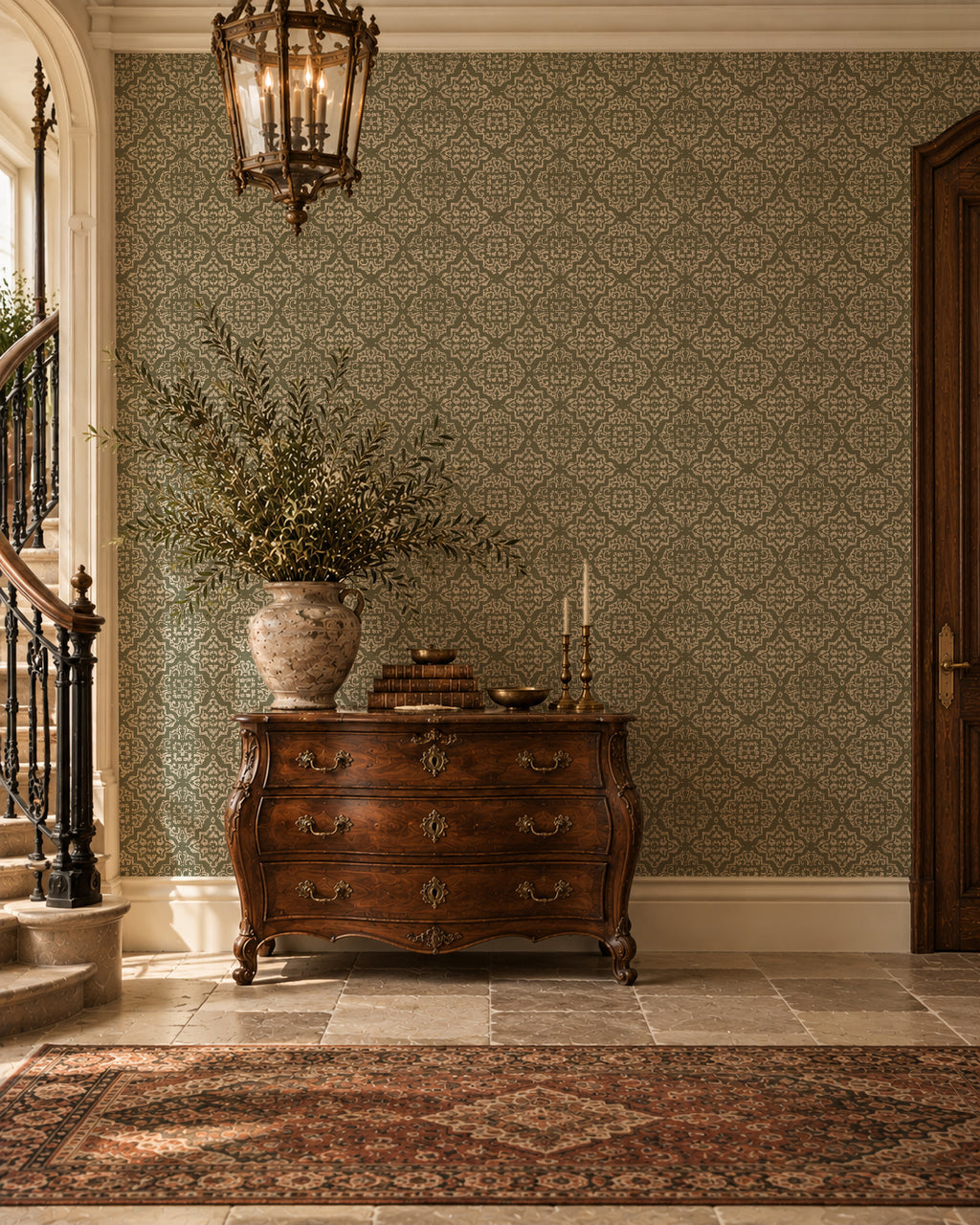 Antique ornamental damask wallpaper in moss green with vintage decor setting.