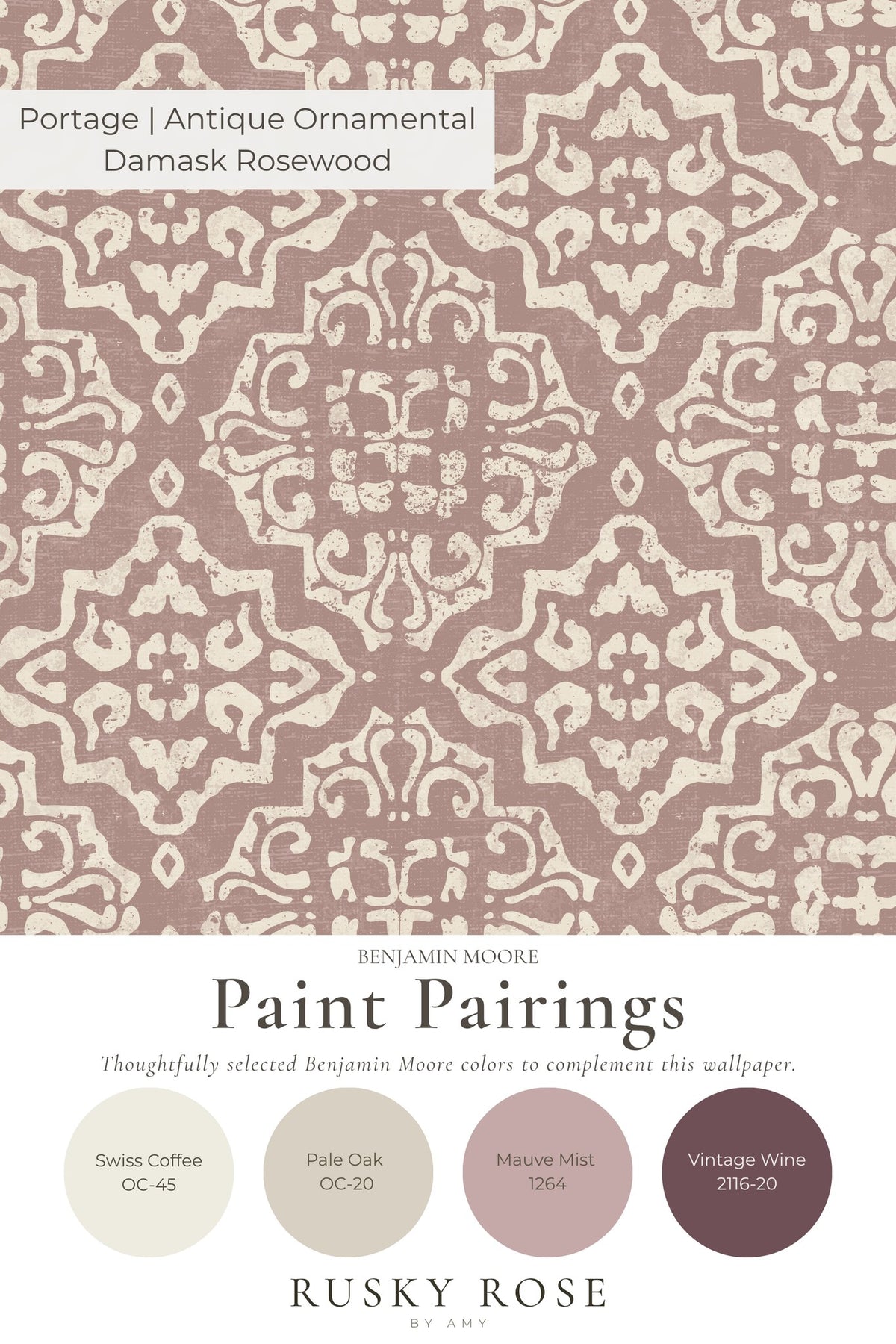 Antique ornamental damask rosewood wallpaper with cream motifs and paint pairings.