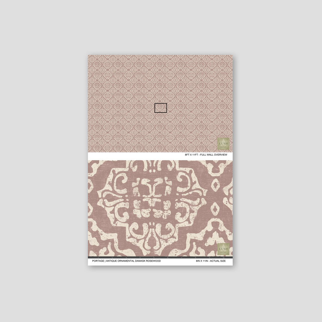 Antique ornamental damask wallpaper in rosewood with intricate motifs.