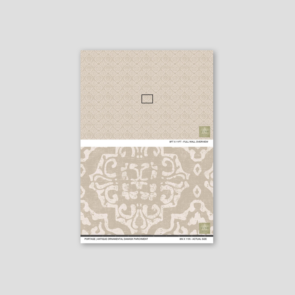 Antique ornamental damask wallpaper in taupe and cream with geometric motifs.