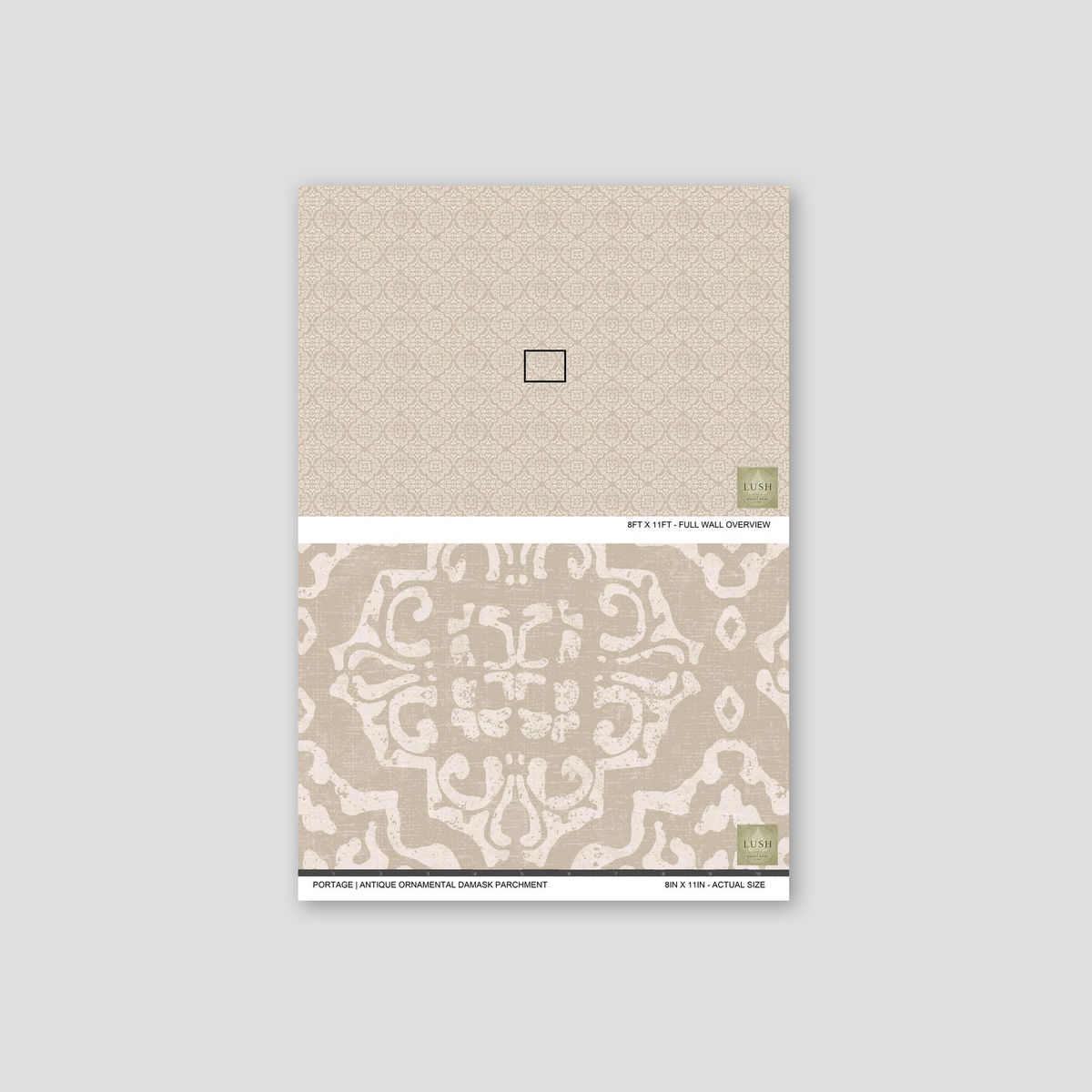 Antique ornamental damask wallpaper in taupe and cream with geometric motifs.
