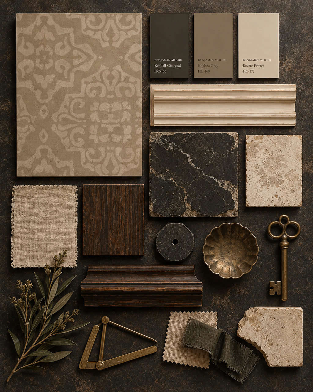 Antique ornamental damask wallpaper sample with taupe and cream hues.