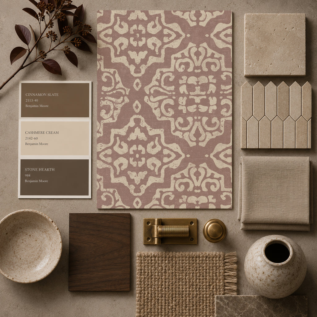Antique rosewood damask wallpaper sample with ornate motifs and decor elements.