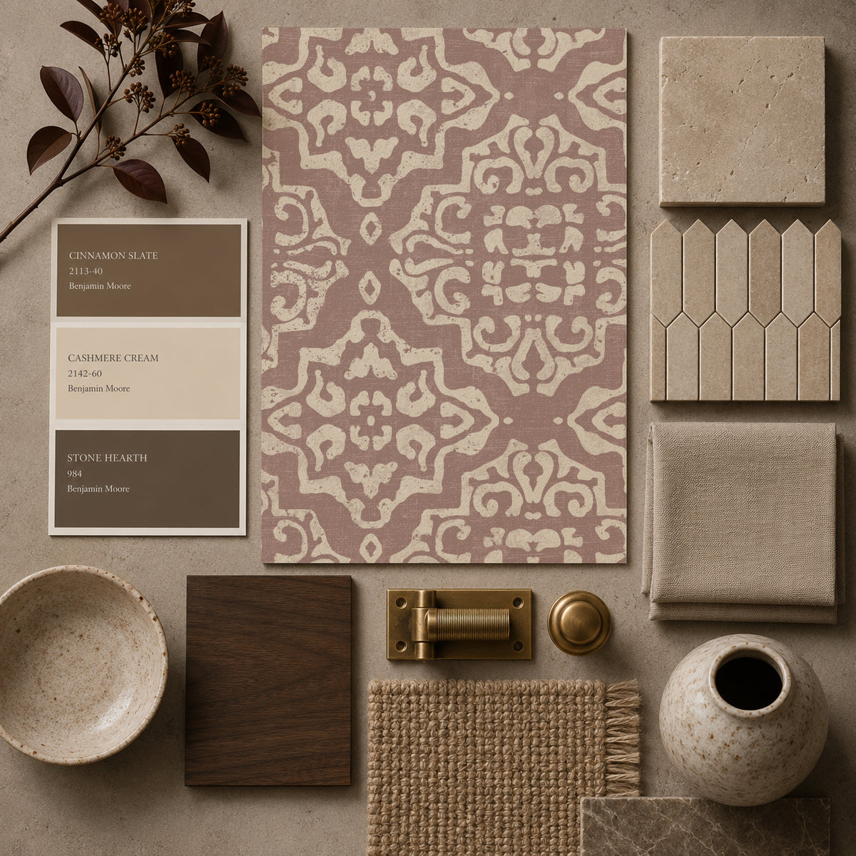 Antique rosewood damask wallpaper sample with ornate motifs and decor elements.