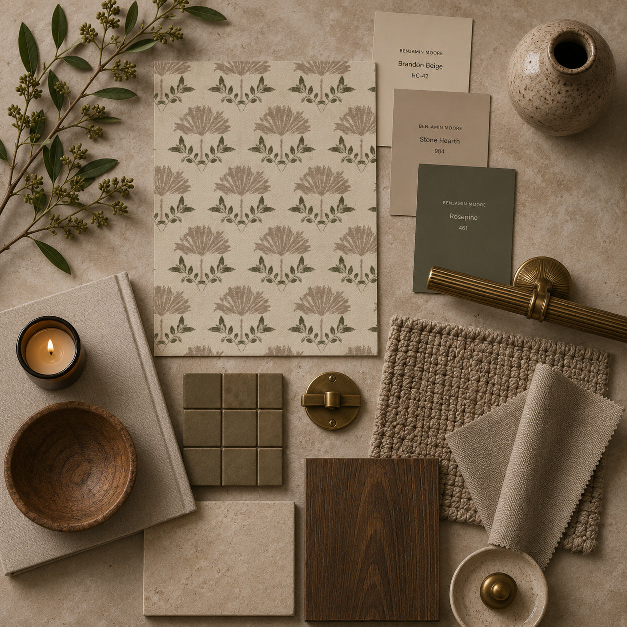 Aster wildflower block print wallpaper with taupe floral motifs on cream background surrounded by natural decor elements.