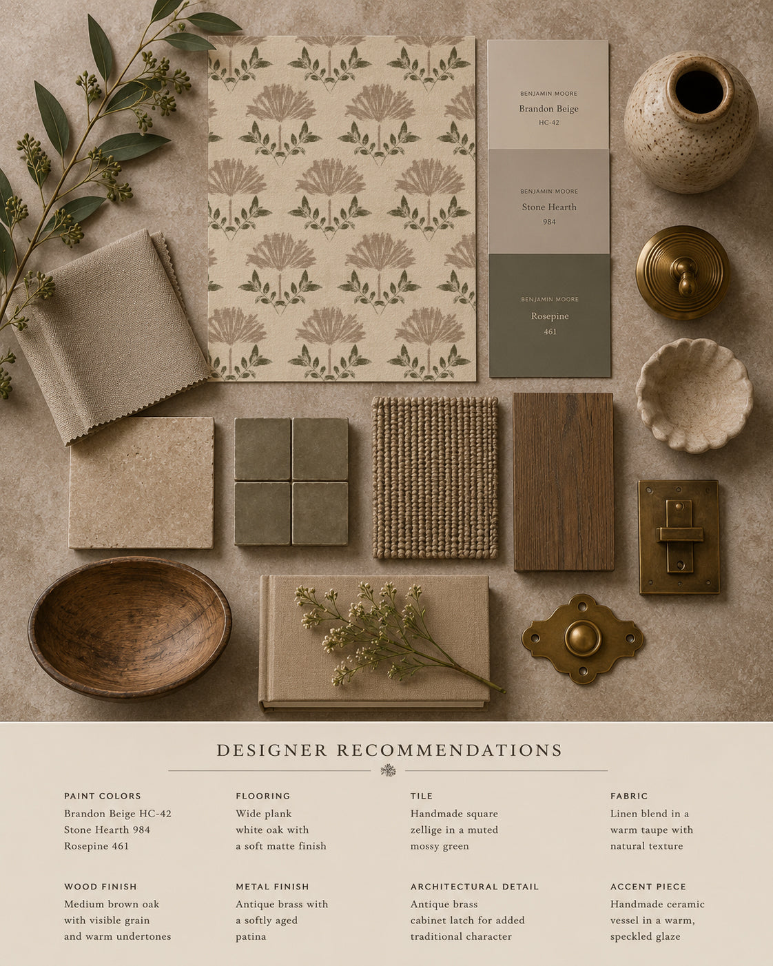 Aster wildflower block print wallpaper with taupe floral motifs on cream background in a rustic decor setting.
