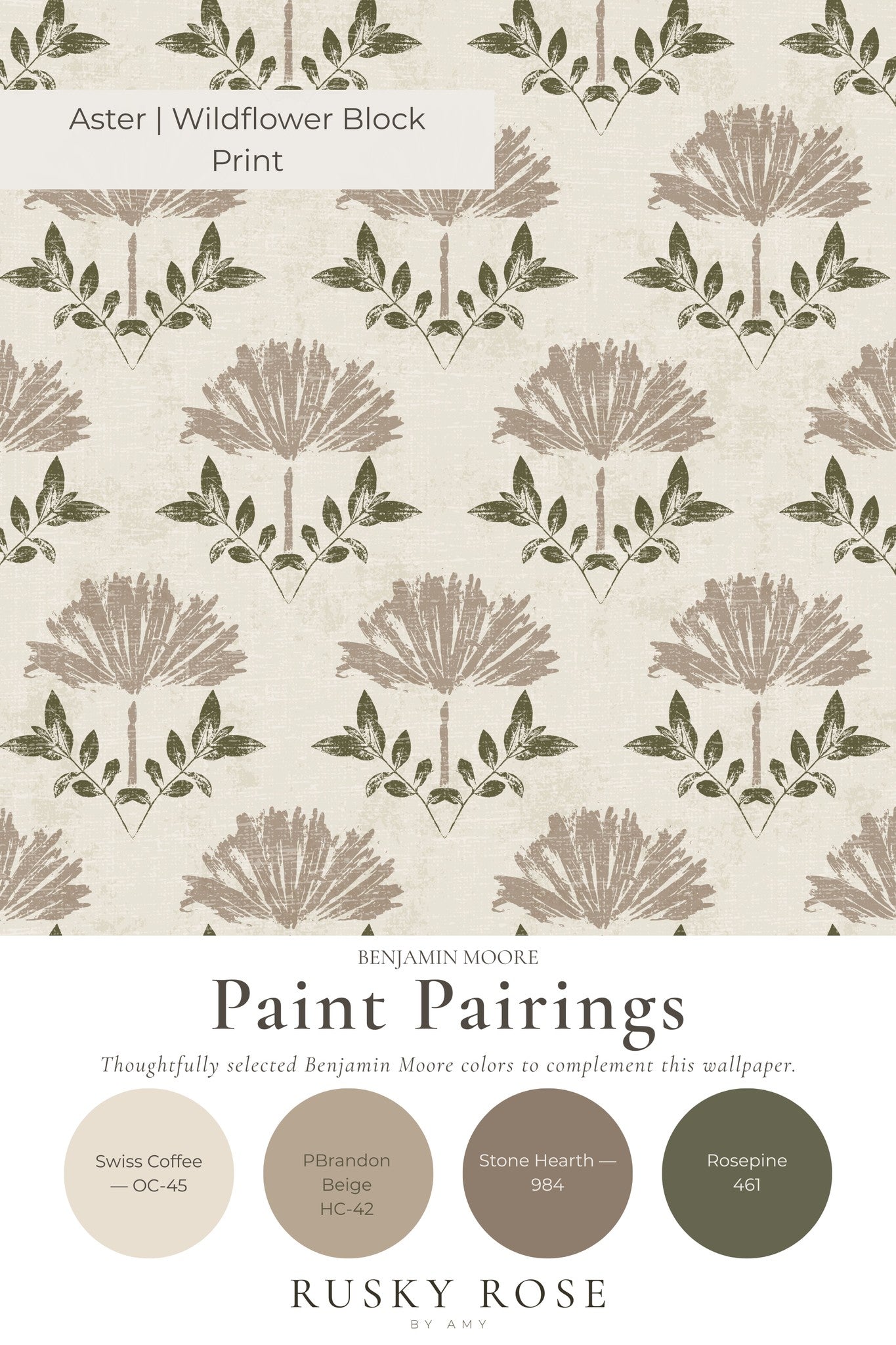 Aster wildflower block print wallpaper with taupe floral motifs on cream background.