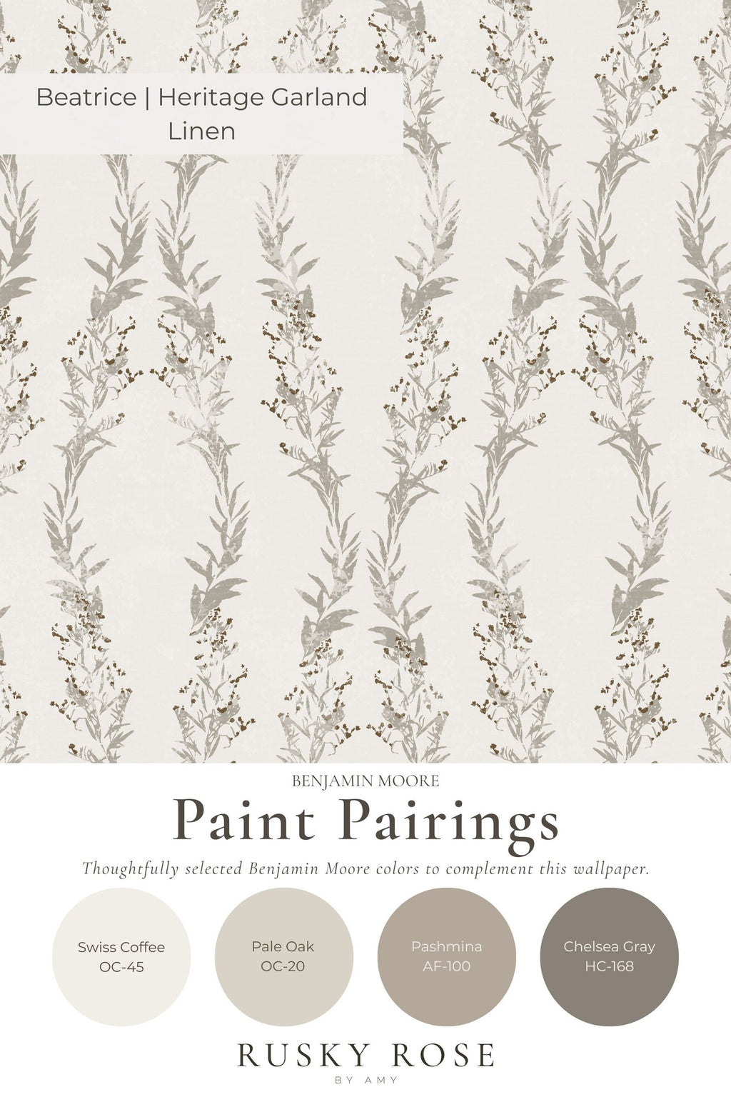 Beatrice Heritage Garland Linen wallpaper with gray botanical pattern on cream background.
