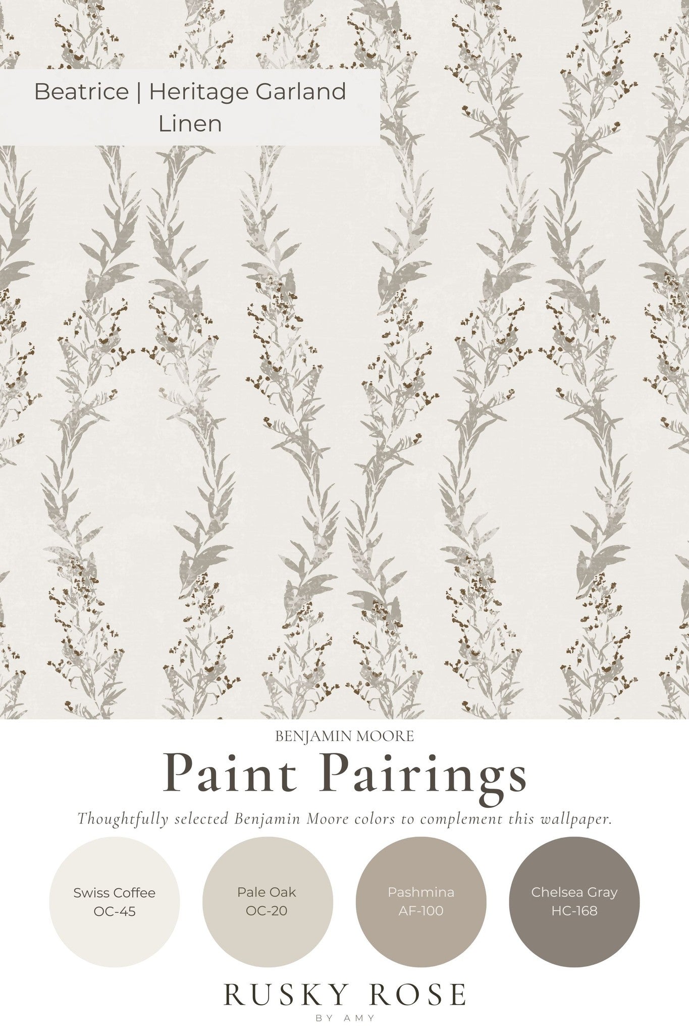 Beatrice Heritage Garland Linen wallpaper with gray botanical pattern on cream background.
