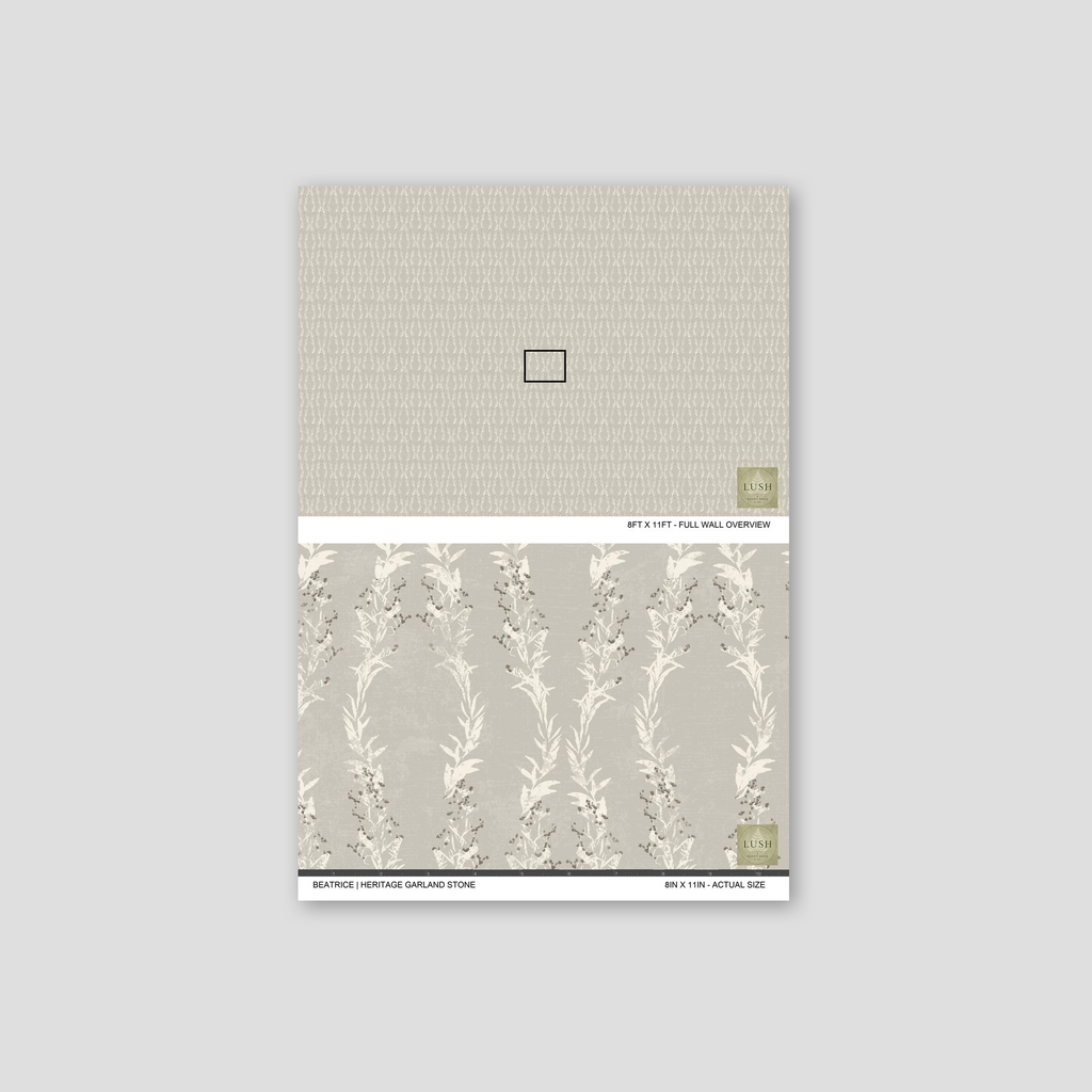 Beatrice Heritage Garland Stone wallpaper with leafy garlands in soft stone hues.