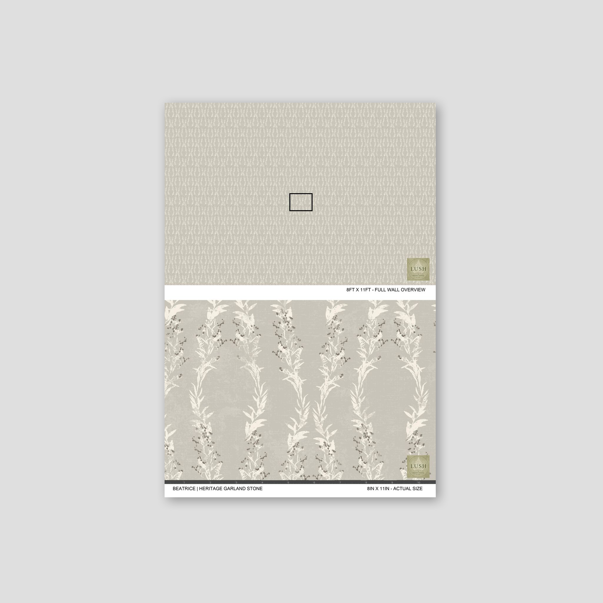 Beatrice Heritage Garland Stone wallpaper with leafy garlands in soft stone hues.