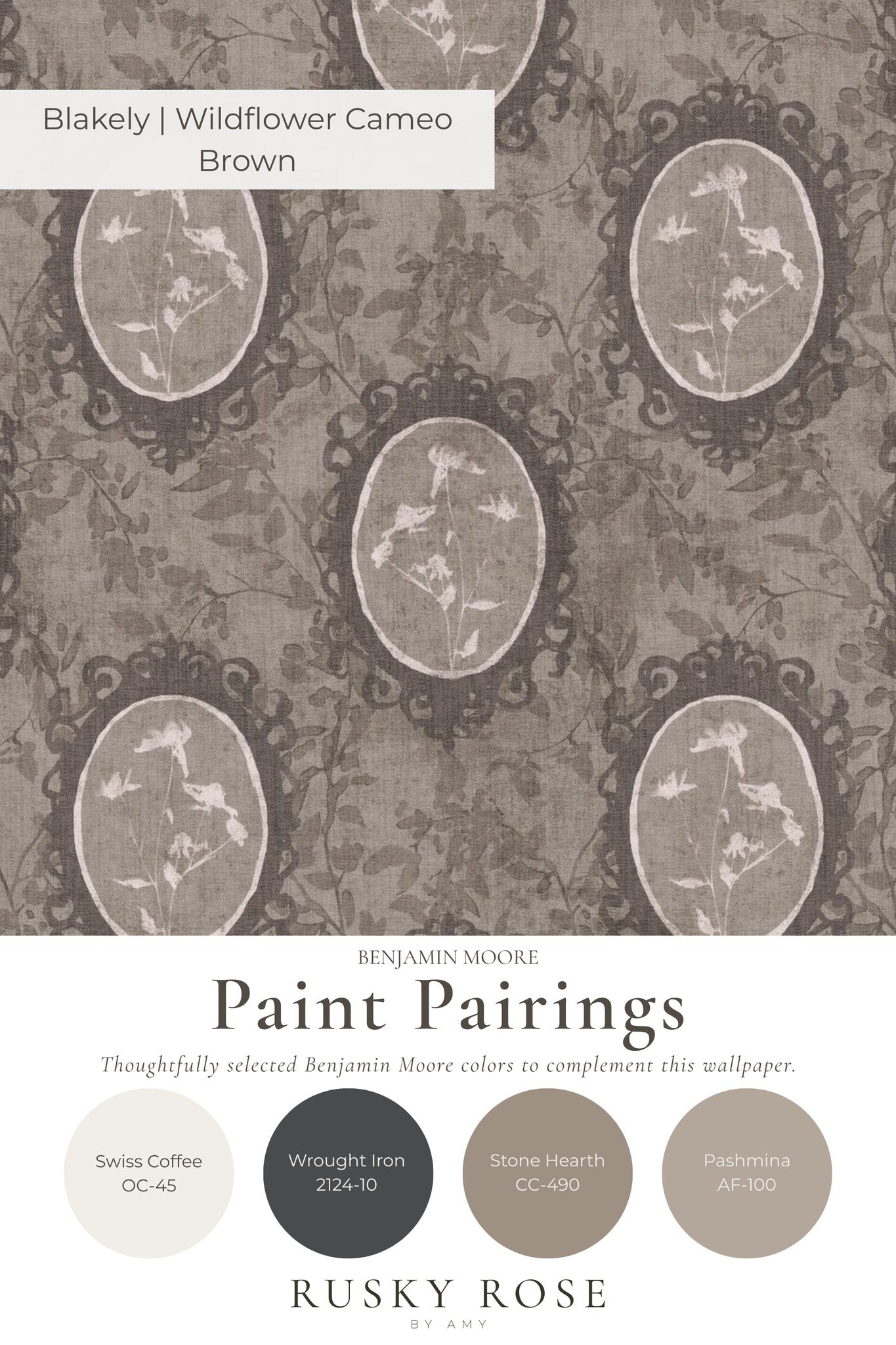 Blakely Wildflower Cameo Brown wallpaper with floral oval frames in taupe and charcoal tones.