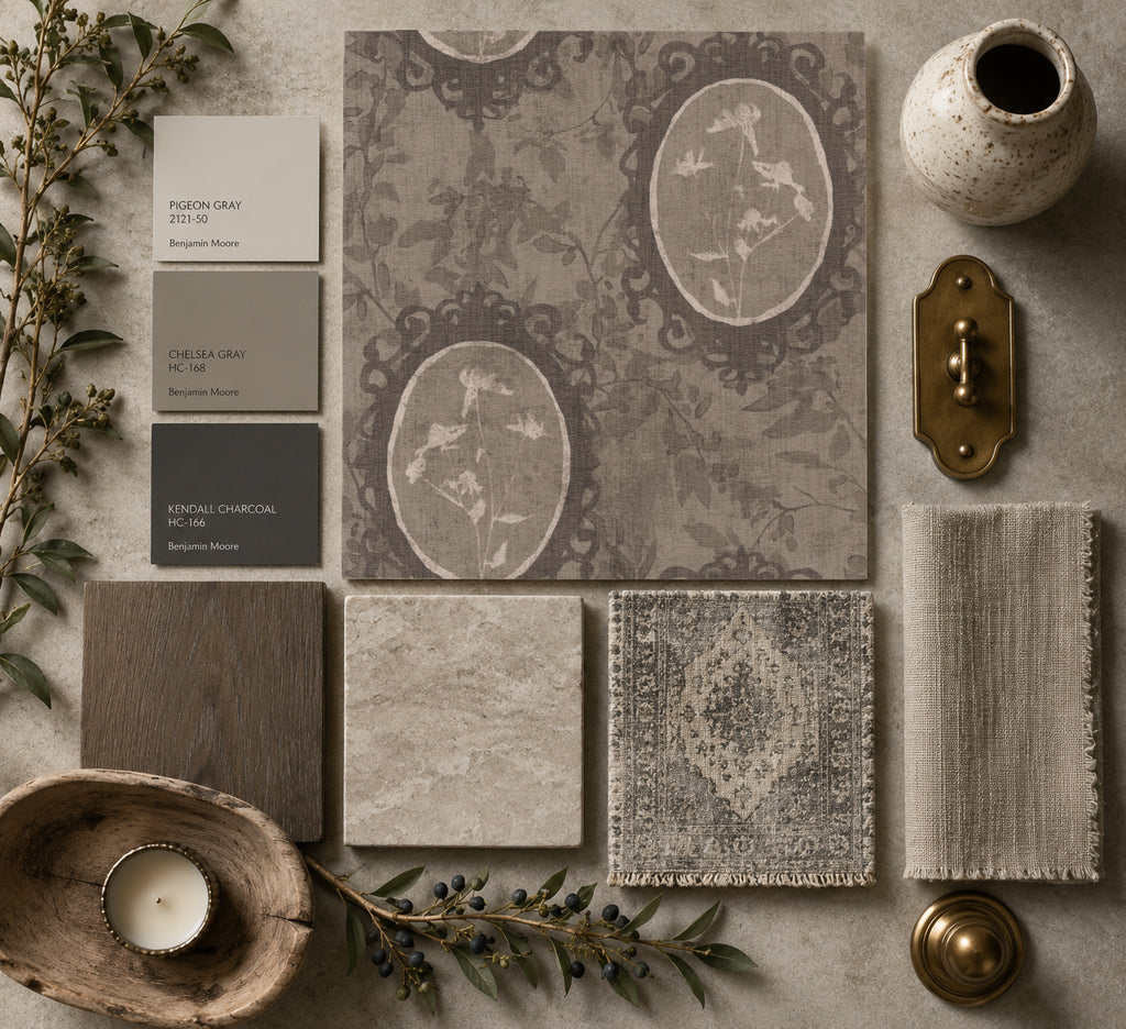 Blakely Wildflower Cameo Brown wallpaper with vintage floral motifs and taupe tones, styled with decor samples.