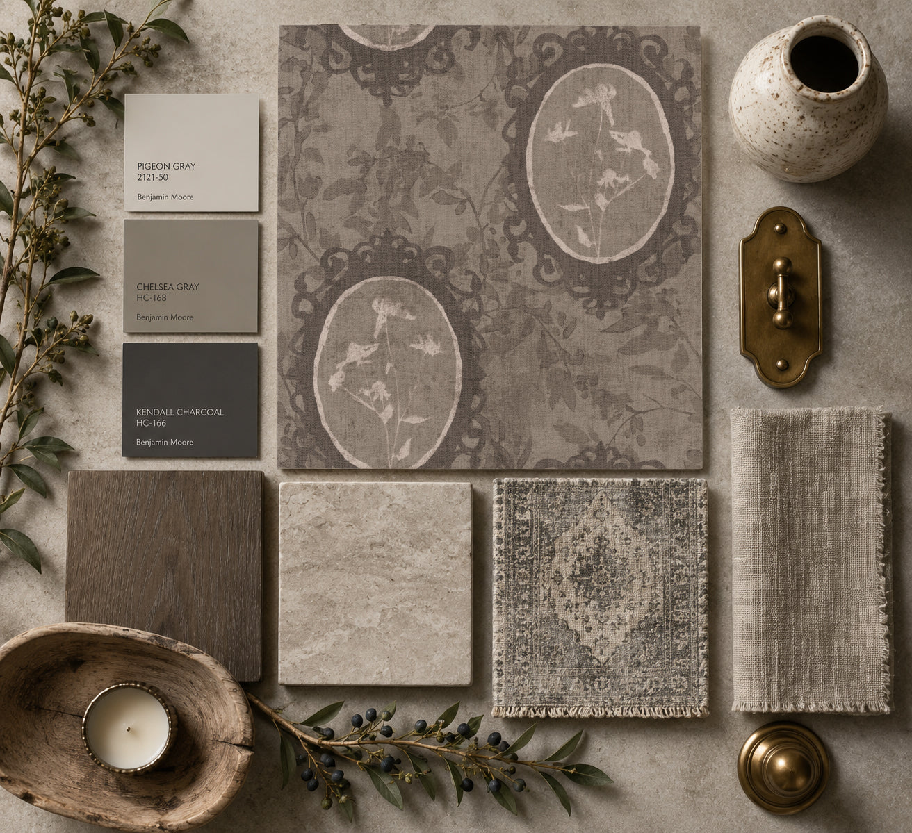 Blakely Wildflower Cameo Brown wallpaper with vintage floral motifs and taupe tones, styled with decor samples.