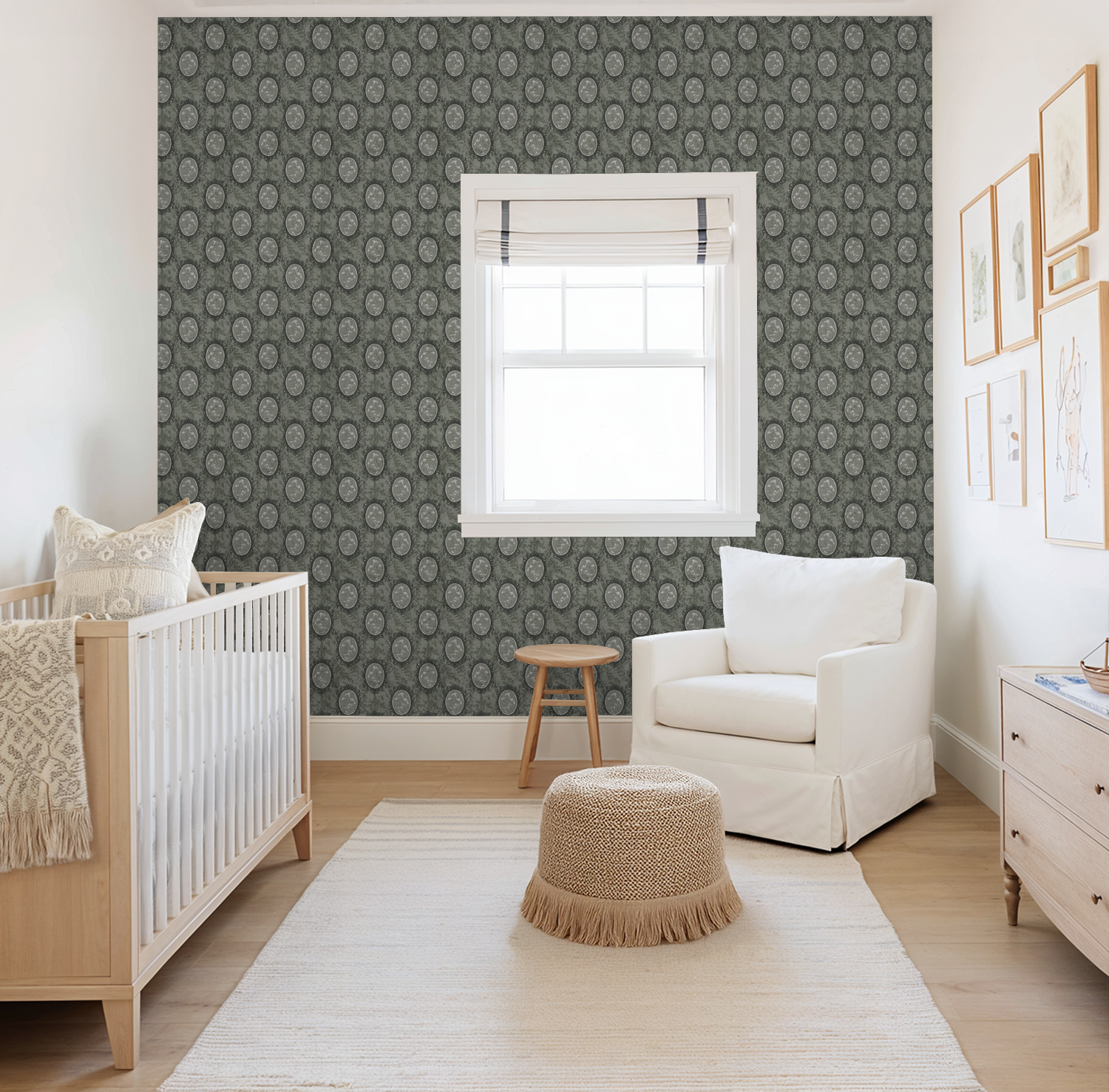 Nursery with Blakely Wildflower Cameo Brown wallpaper featuring vintage floral ovals.