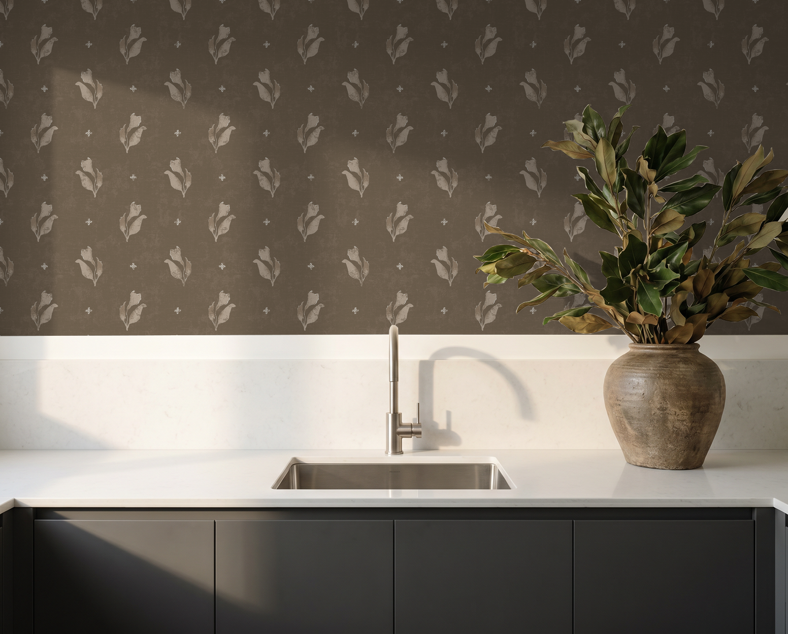 Botanical bloom moss wallpaper with floral motifs in modern kitchen setting.
