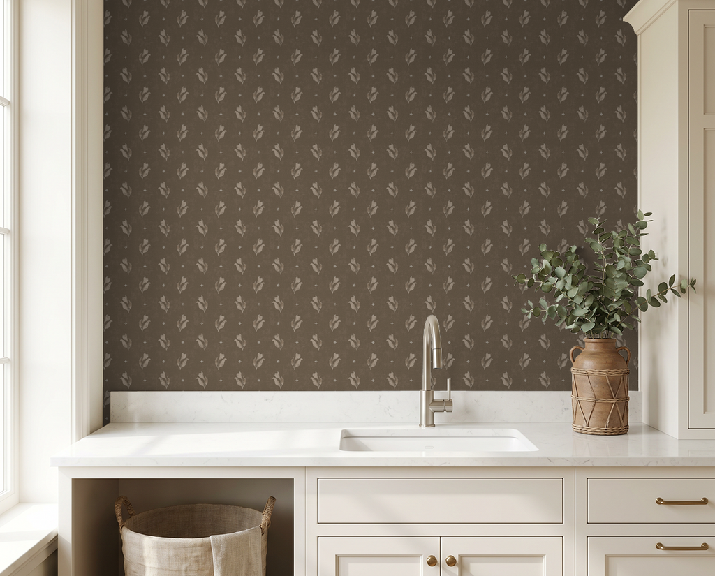 Botanical bloom moss floral wallpaper in rustic kitchen setting