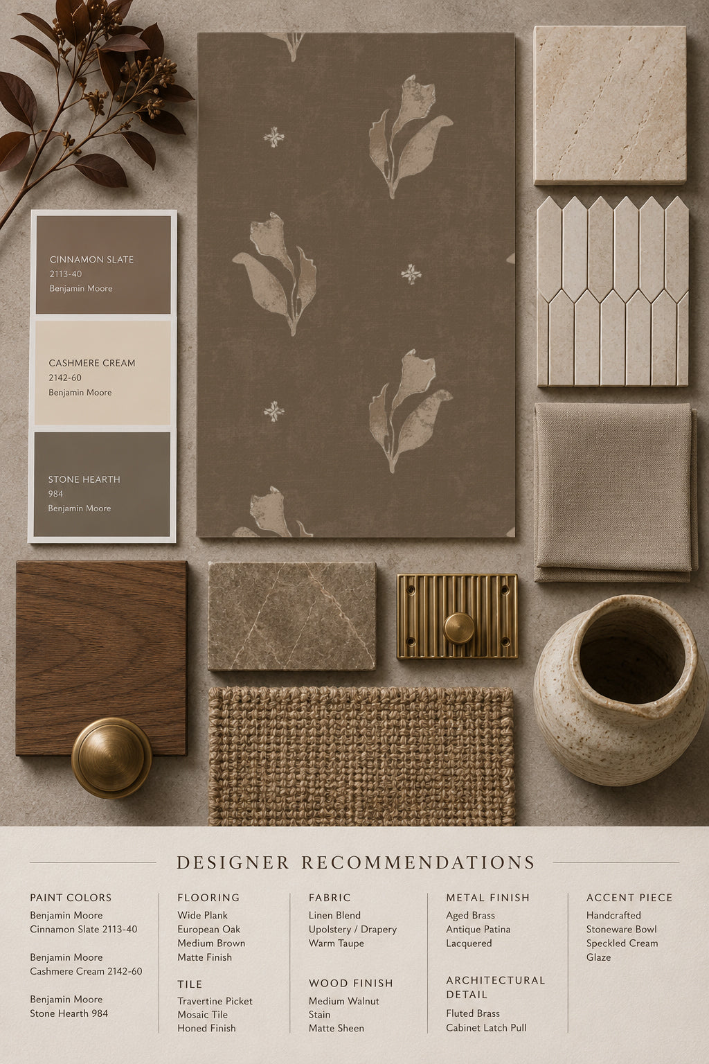 Botanical bloom moss wallpaper with earthy floral pattern and complementary decor samples.