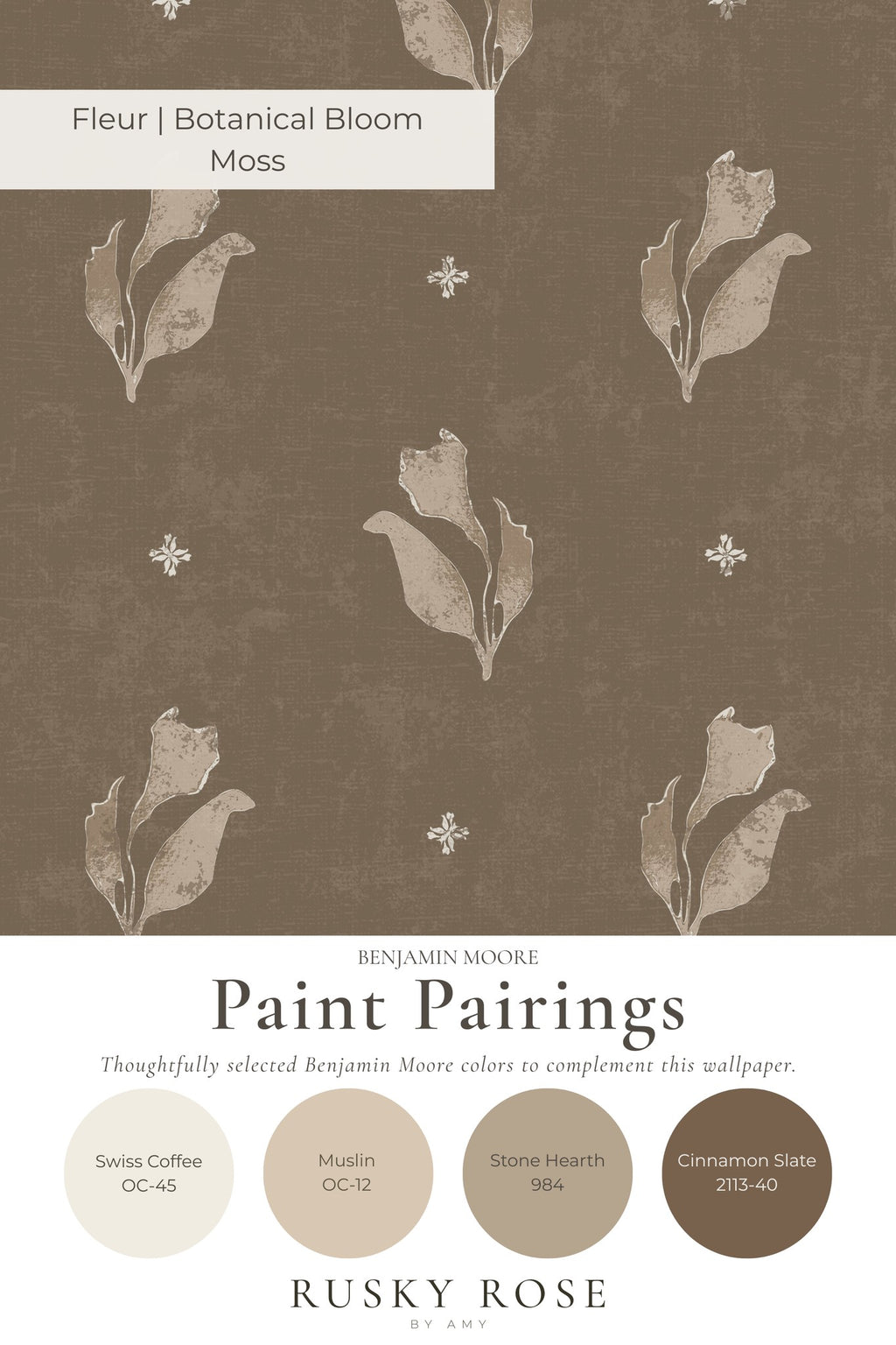 Botanical bloom moss wallpaper with muted floral motifs and earthy tones.