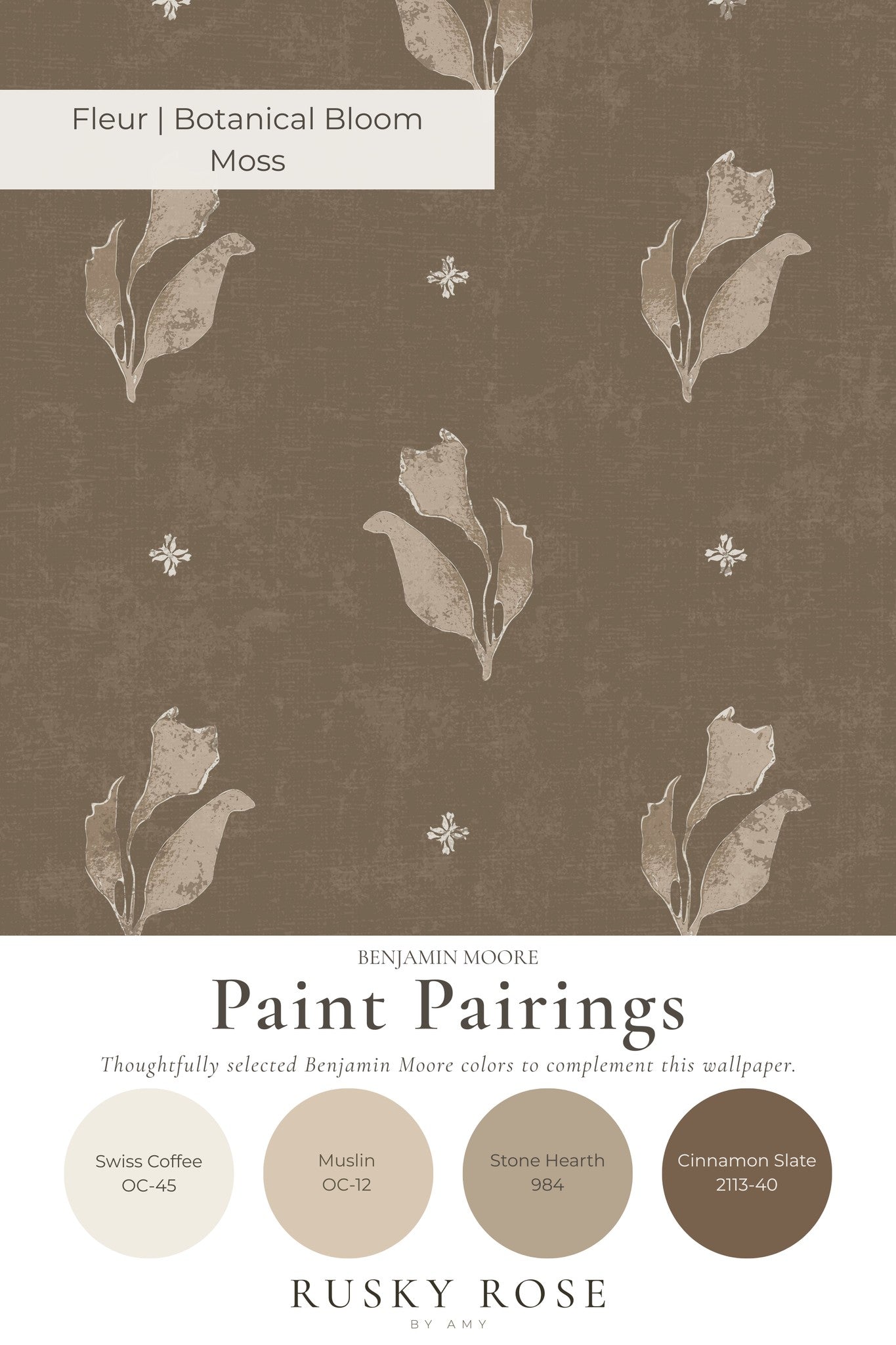 Botanical bloom moss wallpaper with muted floral motifs and earthy tones.