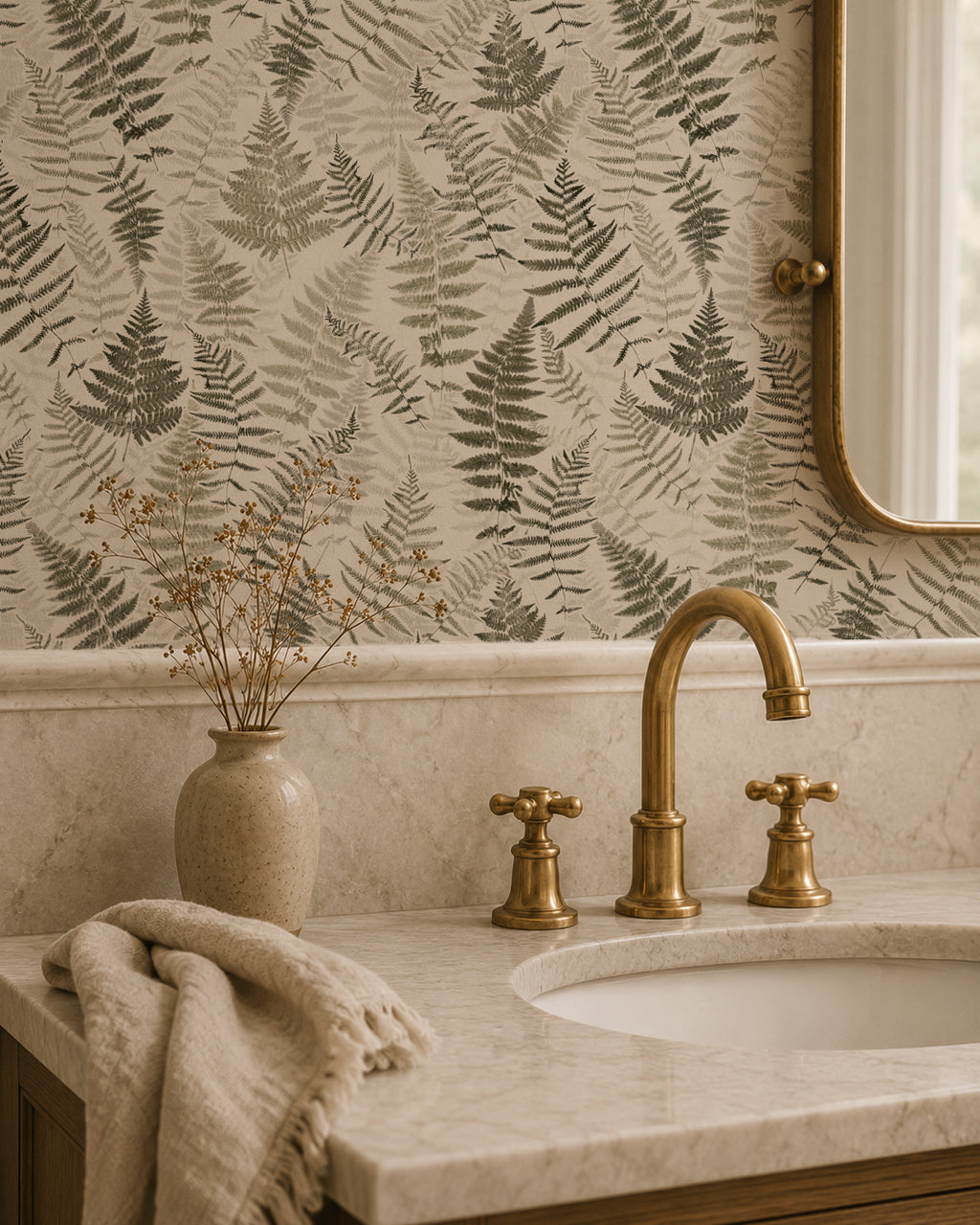 Botanical fern wallpaper in bathroom with brass faucet and marble countertop.