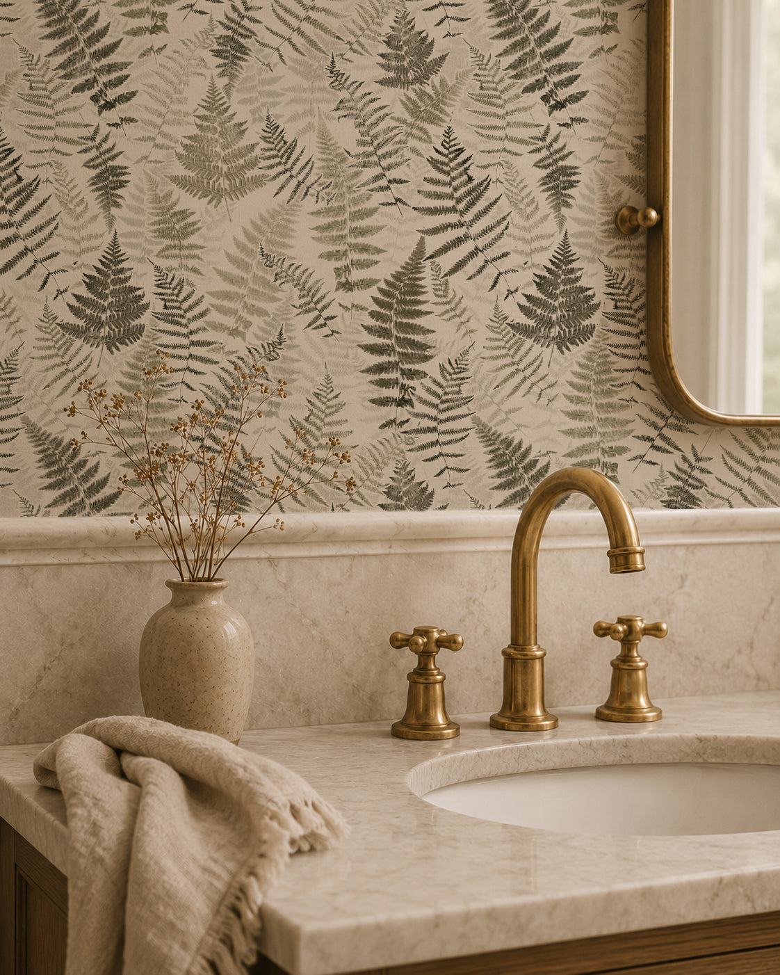 Botanical fern wallpaper in bathroom with brass faucet and marble countertop.