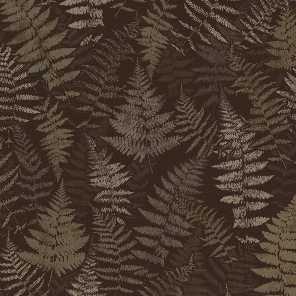 Botanical fern wallpaper in earthy chocolate brown and muted green tones
